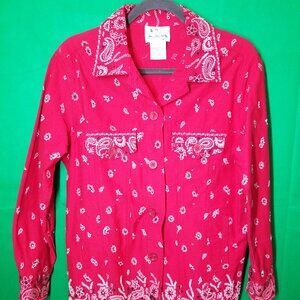 Quacker Factory Jacket Womens Sz SM Red Paisley Beaded Denim Bandana Shirt Print